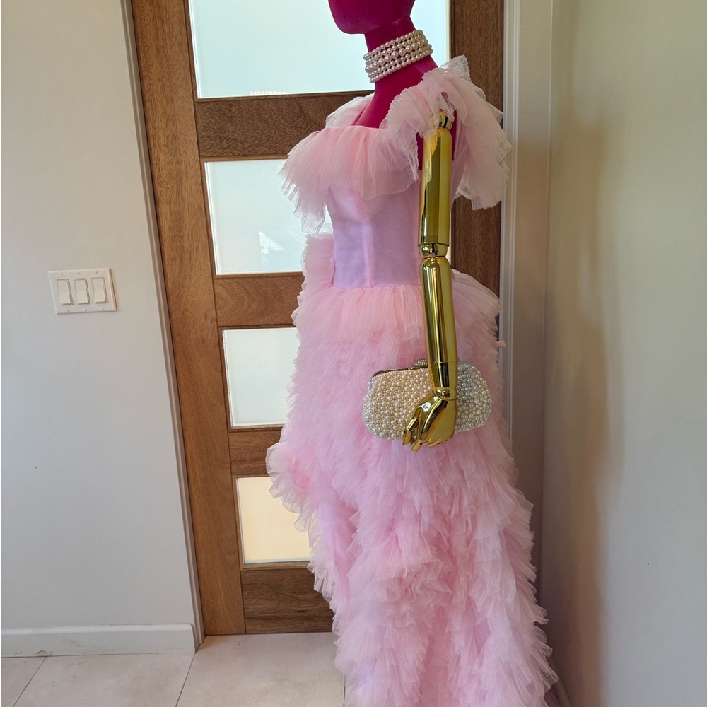 Pink Ruffled Off the Shoulder Prom
Dress with High Slit!  💗 - Picture 12 of 16